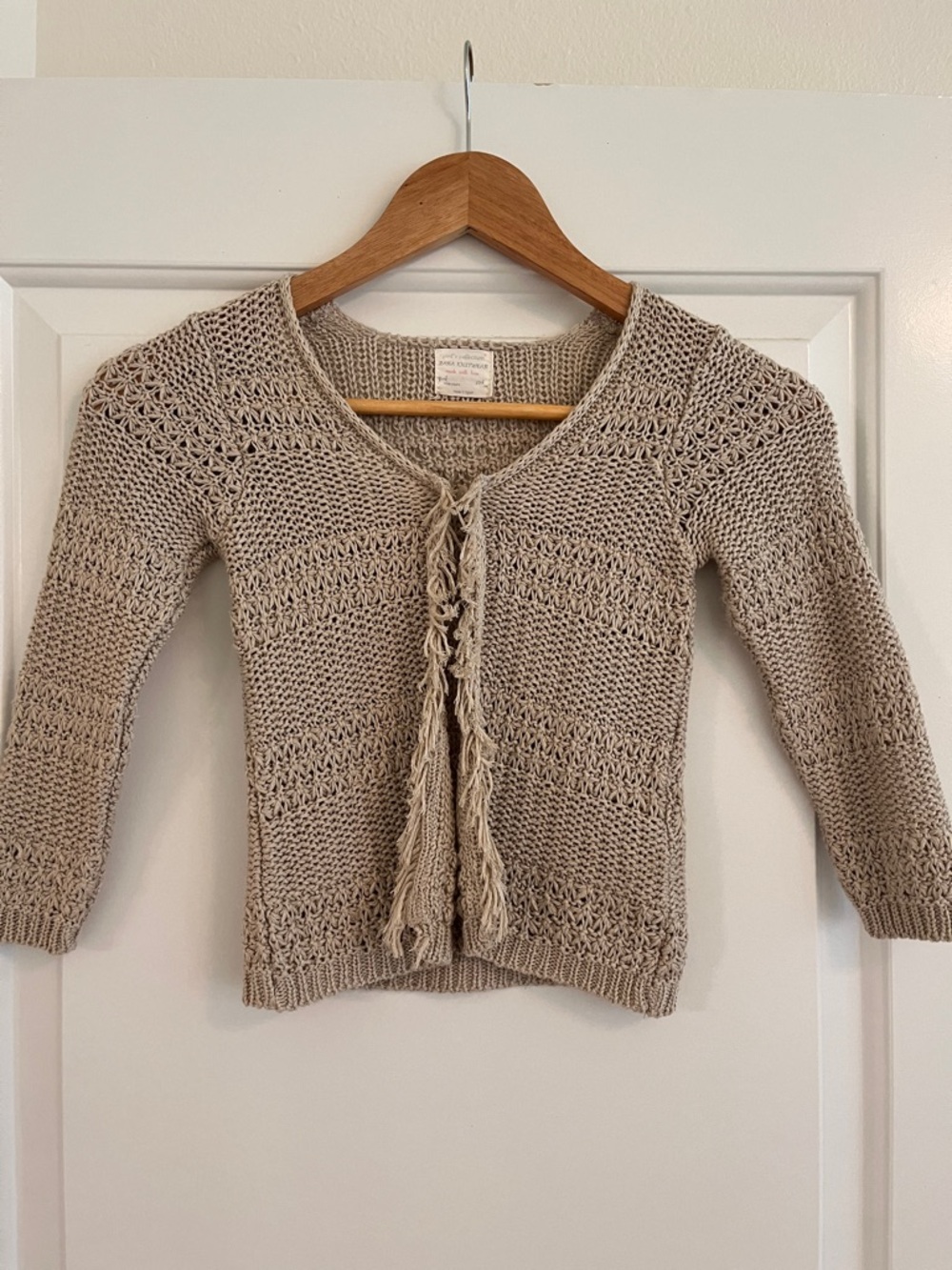 Zara Girls Beige Open-Knit Tie-Front Fringe Cardigan Boho Shabby Chic Indie